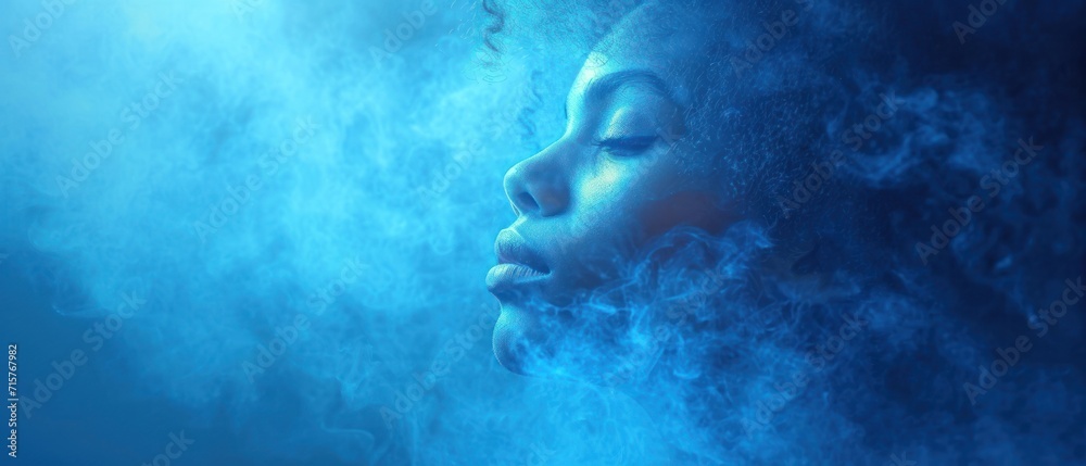 Poster  a close up of a woman's face with smoke coming out of her face and behind her is a cloud of blue smoke and a blue hued background.