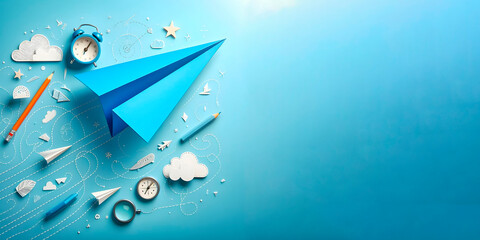 A blue paper plane on blue background, banner with space for text