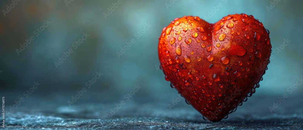 Wall mural a close up of a heart shaped object with drops of water on the surface and a blue background with a 