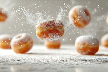 Portrait of powder sugar donuts falling from above in a clean surface with empty space, Generative AI. - obrazy, fototapety, plakaty