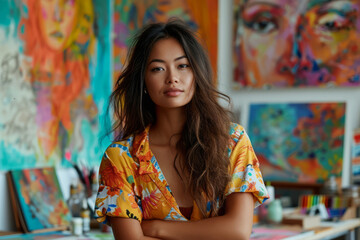 Obraz na płótnie Canvas Portrait of young beautiful asian artist standing among her colorful artwork, Realistic illustration, Generative AI