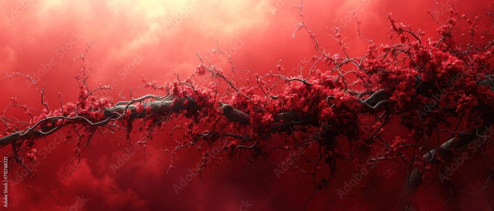 Wall mural a painting of a tree with red leaves on it's branches and a red sky with clouds in the background an