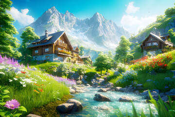 Fototapeta na wymiar Big green canyon with blue skyLarge green field with flowers, blue sky and mountains in the background green landscape with mountains in the background with lake and house
