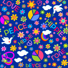 Ultramarine color seamless fashion print with hippie peace symbols, colorful flower-power, dove of peace and love, peace, hippie words