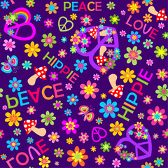 Fototapeta na wymiar Violet seamless fashion wallpaper with colorful flower-power, hippie peace sign in heart shape, butterflies, fly agaric and love, peace, hippie words
