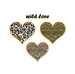 Yellow, sand color and gold skin leopard print in heart shape variation and wild love lettering for hoodie, bag, t-shirt fashion textile design