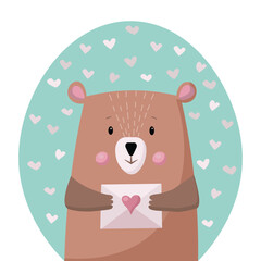 Valentine's card with cute bear. Bear with envelop. Vector cartoon illustration