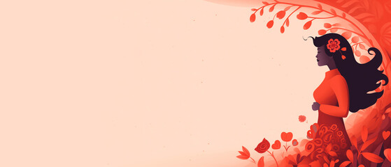 Illustration of a woman among flowers on a soft pink background, Womens Day