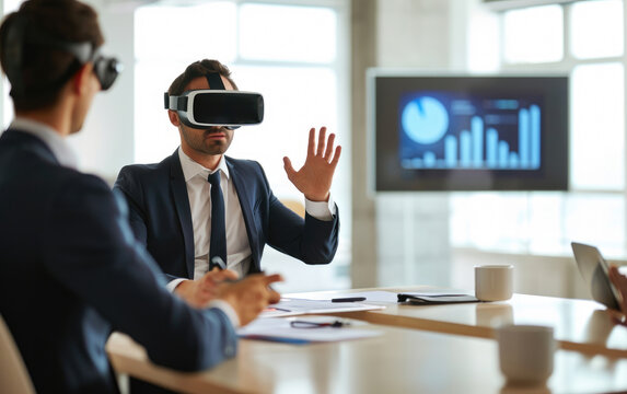 Businessman conducts meeting in VR glasses.