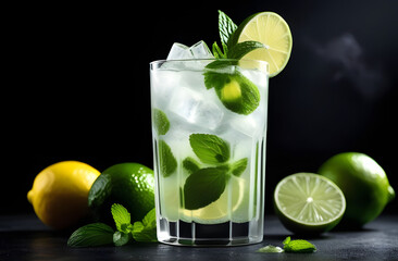 Fresh mojito cocktail with lime, ice cubes and green mint leaves on a black background