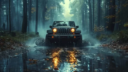Fotobehang Off road car in a forest on a rainy day, generative ai © JKLoma