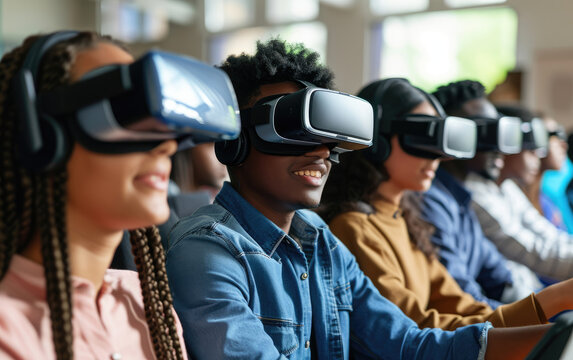 Multiethnic students focus on VR headsets in university.