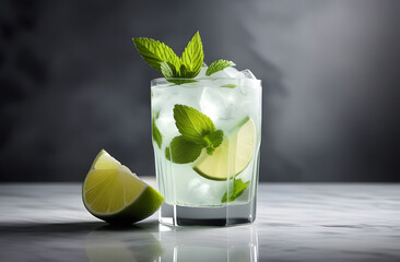 Fresh mojito cocktail with lime, ice cubes and green mint leaves on a gray background