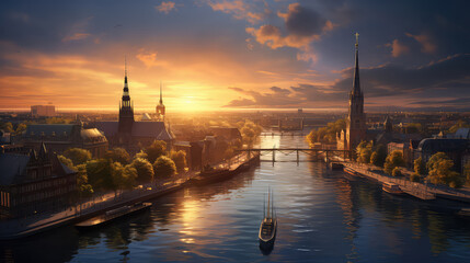 3d illustration of Hamburg City at sunset. Germany.