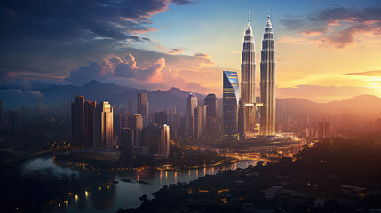 Obraz premium 3d illustration of Kuala lumpur city skyline at dusk, Kuala lumpur Malaysia