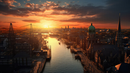 Fototapeta na wymiar 3d illustration of Hamburg City at sunset. Germany.