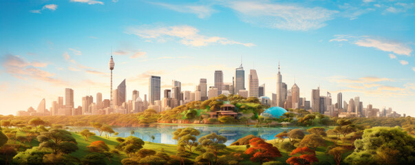 Tranquil cityscape with modern skyscrapers reflected in calm waters at sunrise conveys sense of peace in urban life. urban planning, tranquility in urban life, harmony between nature, architecture