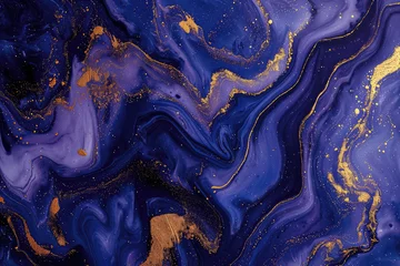 Foto op Canvas Blue and purple marble and gold abstract background texture. Indigo ocean blue marbling with natural luxury style swirls of marble and gold powder. © ImagineDesign