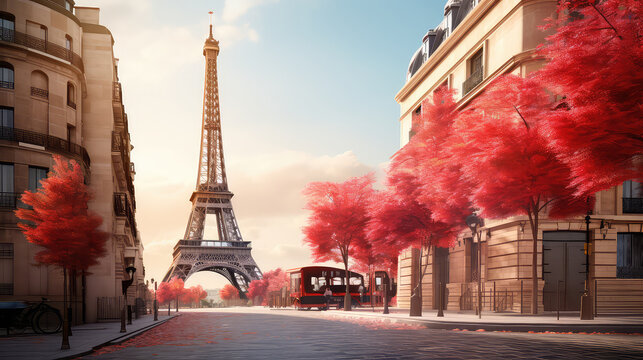 3d illustration of street view of Paris. Artwork. eiffel tower . Red Tree. France