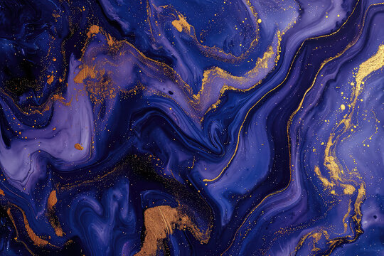 Blue and purple marble and gold abstract background texture. Indigo ocean blue marbling with natural luxury style swirls of marble and gold powder.