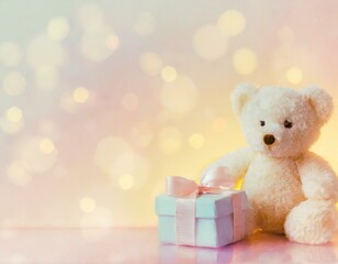 Pastel watercolour background with cute teddy bear and birthday gifts.  Copyspace, bokeh effect. 