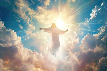 Fotobehang The resurrected Jesus Christ ascending to heaven above the bright light sky and clouds and God, Heaven and Second Coming concept © ImagineDesign