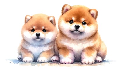 A watercolor painting of extremely fluffy and endearing Mame Shiba Inus, using soft colors to enhance their cuteness.