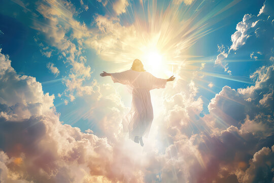 The resurrected Jesus Christ ascending to heaven above the bright light sky and clouds and God, Heaven and Second Coming concept