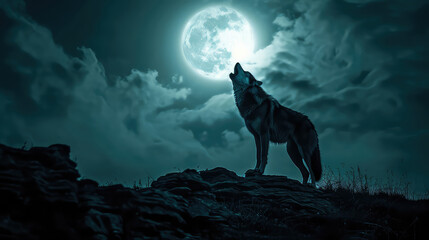 a wolf howling in the wild, big fool moon and clouds is background. terrible, horror lonely, scary, creepy concept. - obrazy, fototapety, plakaty