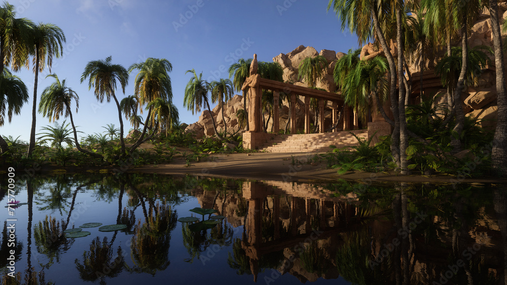 Poster ancient egyptian fantasy temple ruin by a lake surrounded by palm trees in a desert landscape. 3d re