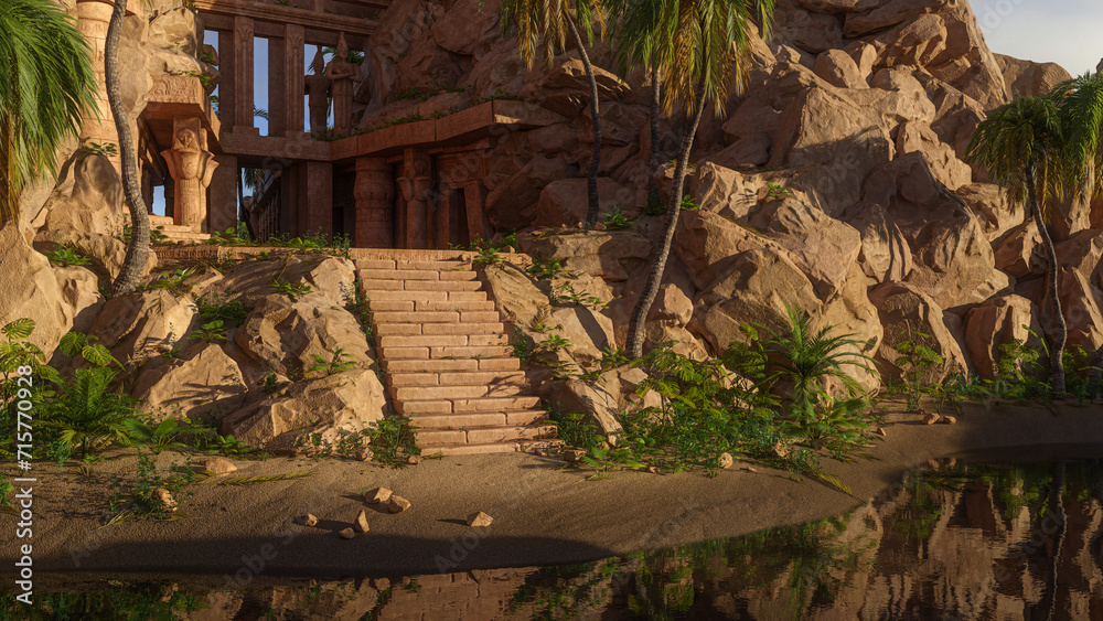 Poster Steps leading from a river to an ancient Egyptian temple built into a mountain. 3D rendering.