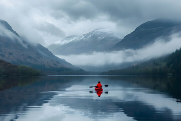 Tranquil Lake Retreat: Canoeist Embracing Nature's Beauty