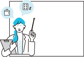 患者にアドバイスする女医ー人差し指ーホワイトボードーシンプルベクターイラスト素材