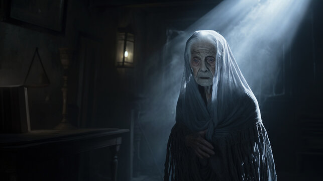 Scary elderly old woman with a shaw walking in the dark