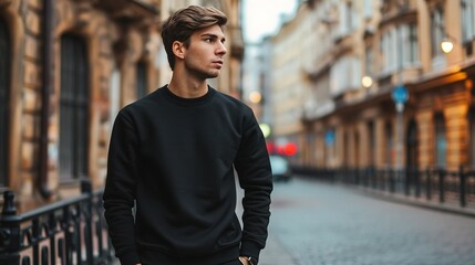A handsome man in a black sweatshirt on the background of a city street, handsome man on urban street. Created with Generative Ai technology. - obrazy, fototapety, plakaty