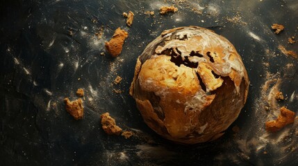 Planet earth made of bread. View from space to earth. Space baking - obrazy, fototapety, plakaty