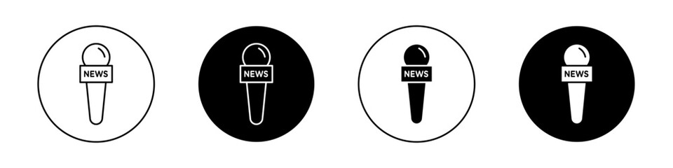 Microphone press icon set. News reporter mike vector logo symbol in black filled and outlined style. Media journalist mic icon. - obrazy, fototapety, plakaty
