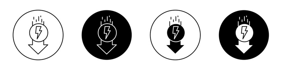 Low electricity consumption icon set. Reduce energy consumption vector logo symbol in black filled and outlined style. Reduce electricty sign. - obrazy, fototapety, plakaty