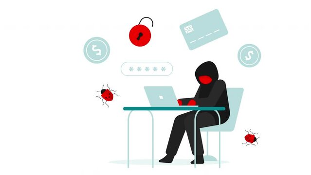 Laptop typing criminal hacker with hoodie stealing online money. Lock, bugs, coins, credit card around. Cyber attack concept. 4K video, alpha channel.