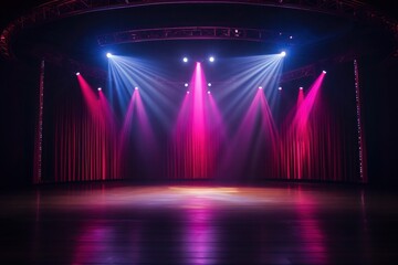 Empty stage with bright background decor. Theater stage light background with spotlight illuminates stage for performance - obrazy, fototapety, plakaty