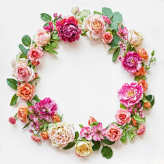 Obraz na płótnie Canvas Roses and flowers intertwine in a vintage wreath, creating a charming frame of love and nature for a floral-themed card or wedding 