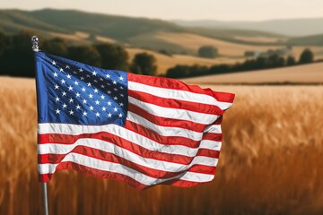 American flag wave over a weat field.