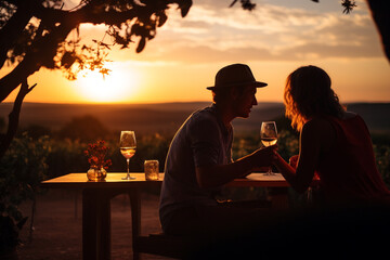 Obraz premium Couple drinking wine at an outdoor party at sunset. Golden hour