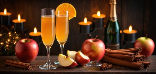  a table topped with two glasses of wine next to apples and cinnamons next to a bottle of wine and a couple of cinnamon sticks and an orange slice of apple.