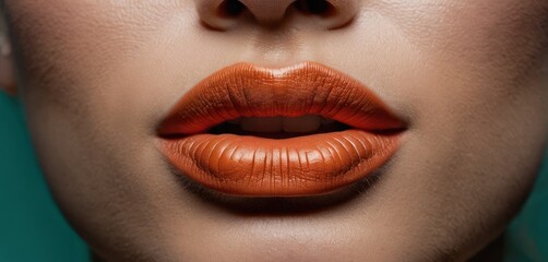  a close up of a woman's face with a bright orange lipstick on top of her lip and the bottom half of her face showing the upper lip and lower part of the lip.