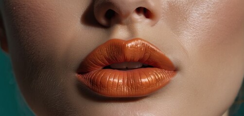  a close up of a woman's face with a bright orange lipstick on top of her lip and the bottom half of her face showing the upper lip and lower part of the lip.