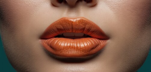  a close up of a woman's mouth with a bright orange lipstick on top of her lip and the bottom half of the lip of her mouth showing the upper part of the upper lip.