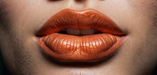  a close up of a woman's lips with a bright orange lipstick shade on top of her lip and the bottom of her lip and bottom half of her face.