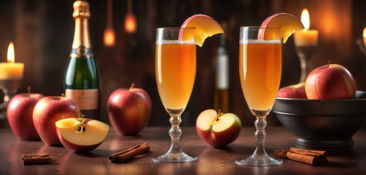  two glasses of apple cider next to a bowl of apples, cinnamon sticks, a bottle of wine, and a bowl of apples with cinnamons on a table.