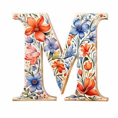 Alphabet letter "M" with flowers and butterflies isolated on white background. Ai generative	